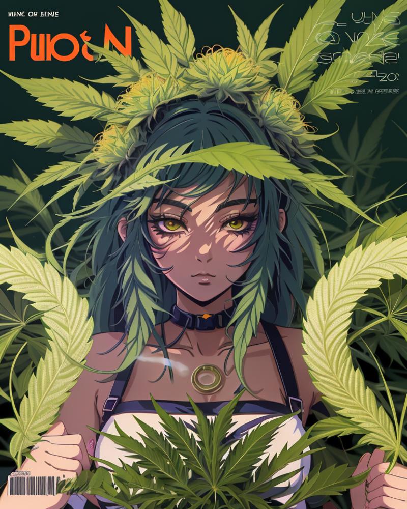 03927-4024870695-magazine cover about anime girls smoking marijuana, pot plant, huge cannabis flowers with dark leaves, animag, graphicdesign, co.png